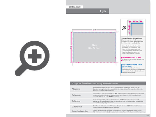 Product Bild multiloft-flyer_din_a7_quer_(10_5_cm_x_7_4_cm)_beidseitig_folienkaschiert_gl__nzend_und_beidseitiger_hei__folienpr__gung_silber__4_4_farbig_(beidseitiger_druck)